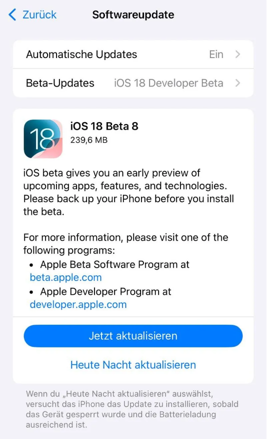 灵丘苹果手机维修分享苹果 iOS / iPadOS 18 开发者预览版 Beta 8 发布 